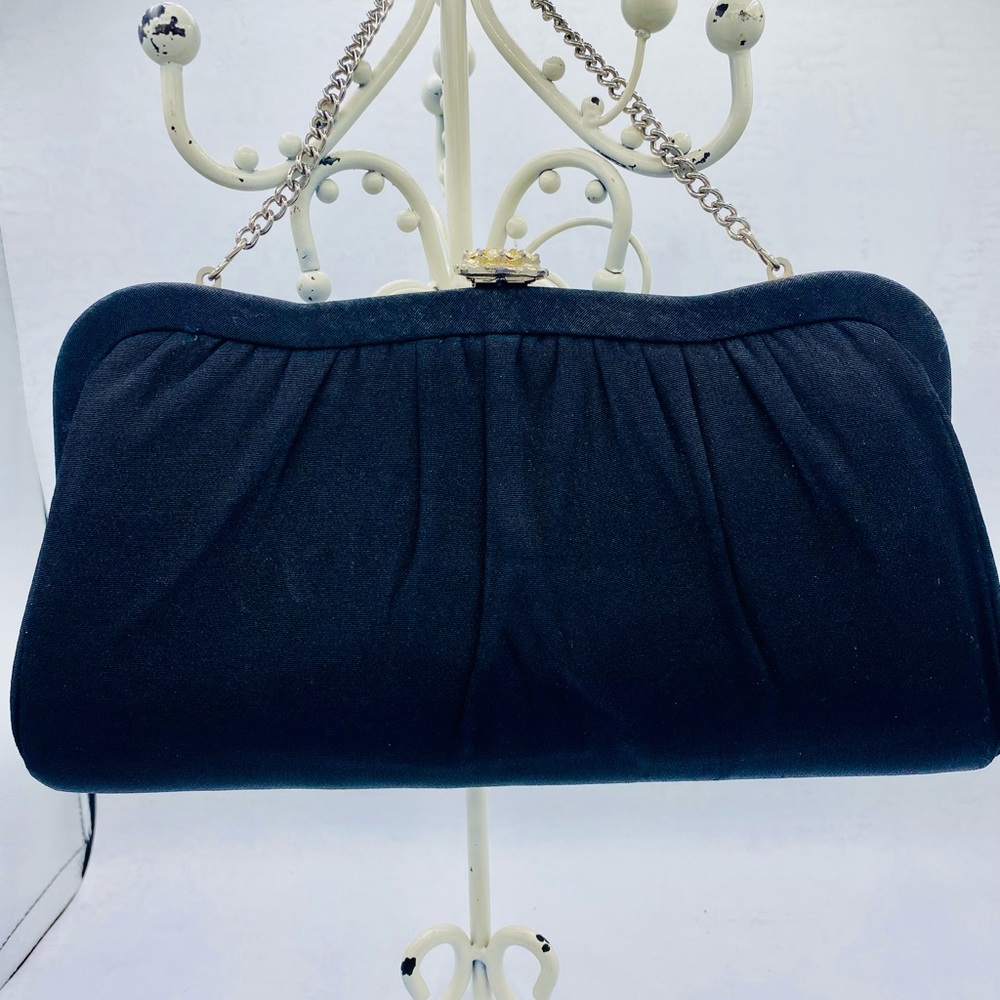 Vintage Elegant Black Fabric Clutch With Silver Tone Chain With Jeweled Clasp - Picture 12 of 12